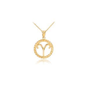 Aries Zodiac Circle Rope Pendant Necklace in 9ct Gold