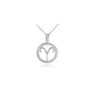 Aries Zodiac Circle Rope Pendant Necklace in 9ct White Gold