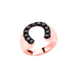 Men's Black CZ Lucky Horseshoe Ring in 9ct Rose Gold