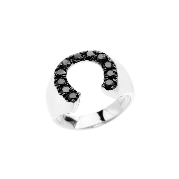 Men's Black CZ Lucky Horseshoe Ring in 9ct White Gold