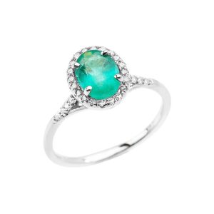 Emerald & Diamond Halo Ring in 9ct White Gold