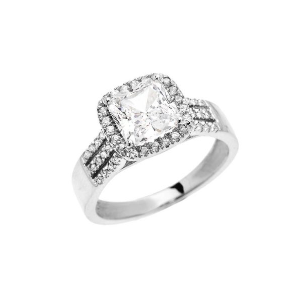 White CZ Micro Pavé Halo Banded Engagement Ring in 9ct White Gold