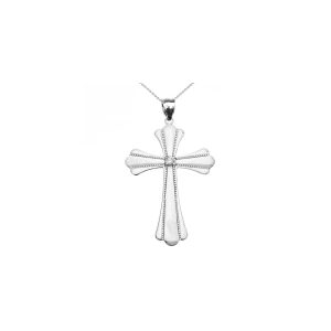 CZ Large Milgrain Cross Pendant Necklace in 9ct White Gold