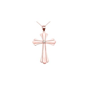 CZ Large Milgrain Cross Pendant Necklace in 9ct Rose Gold