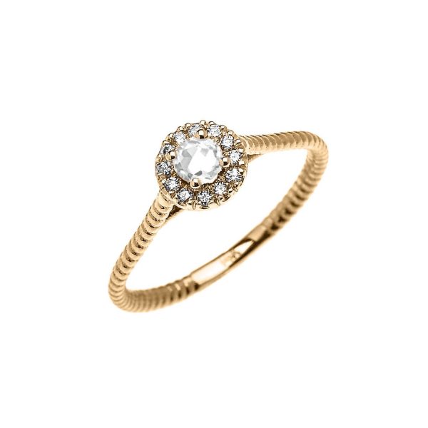 White Topaz & Diamond Halo Promise Twisted Rope Ring in 9ct Gold