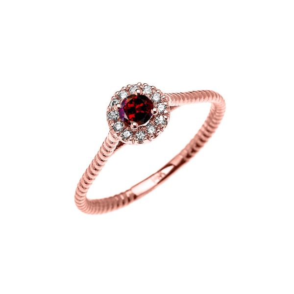 Garnet & Diamond Stackable Halo Promise Twisted Rope Ring in 9ct Rose Gold