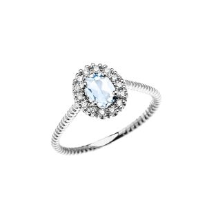 Aquamarine & Diamond Elegant Halo Gemstone Rope Ring in 9ct White Gold