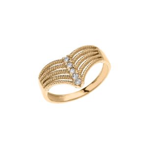 Diamond Modern Chevron 5 Stone Twisted Rope Ring in 9ct Gold