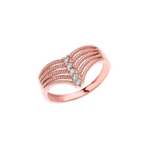 Diamond Modern Chevron 5 Stone Twisted Rope Ring in 9ct Rose Gold