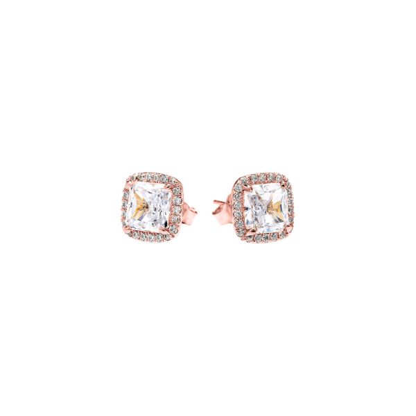 CZ & Diamond Embellished Halo Stud Earrings in 9ct Rose Gold