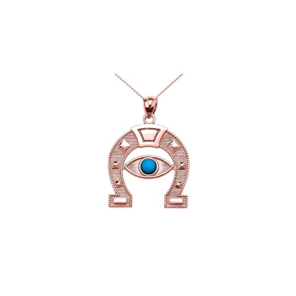 Turquoise Evil Eye Horseshoe Pendant Necklace in 9ct Rose Gold