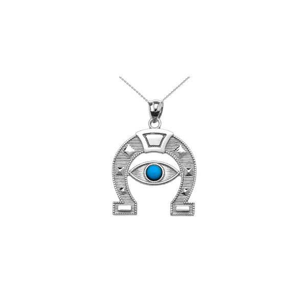 Turquoise Evil Eye Horseshoe Pendant Necklace in 9ct White Gold