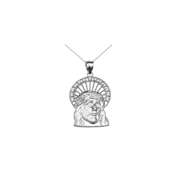 Men's Diamond Jesus Embellished Halo Pendant Necklace in 9ct White Gold