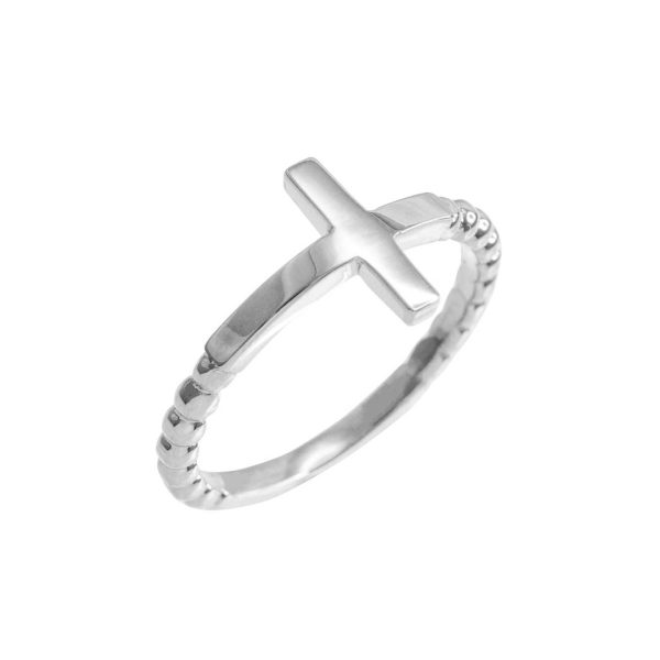 Sideways Cross Beaded Ring in 9ct White Gold