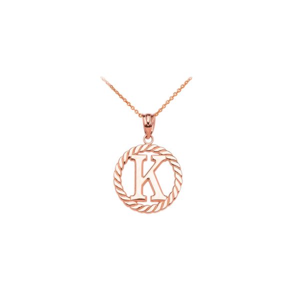 Letter K Twisted Rope Initial Pendant Necklace in 9ct Rose Gold