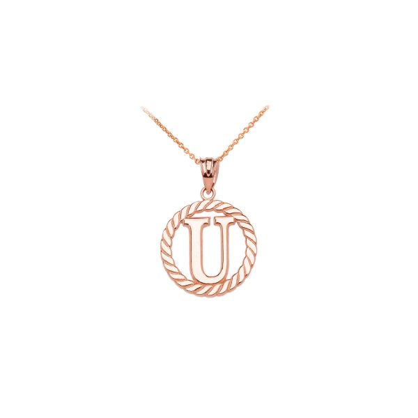 Letter U Twisted Rope Initial Pendant Necklace in 9ct Rose Gold