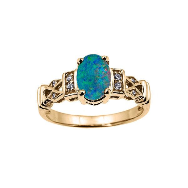 Blue Doublet Opal & Diamond Australian Doublet Ring in 9ct Gold