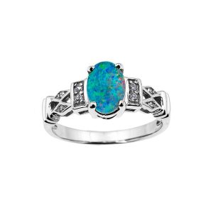 Blue Doublet Opal & Diamond Australian Doublet Ring in 9ct White Gold