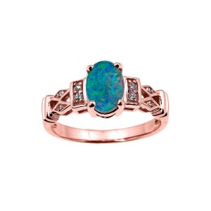 Blue Doublet Opal & Diamond Australian Doublet Ring in 9ct Rose Gold