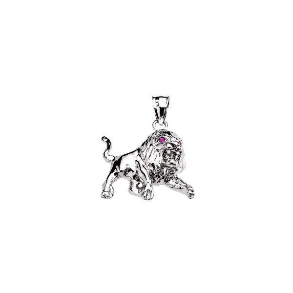 Men's Red CZ Roaring Full Body Lion Pendant Necklace in 9ct White Gold