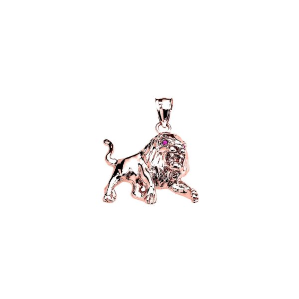 Men's Red CZ Roaring Full Body Lion Pendant Necklace in 9ct Rose Gold