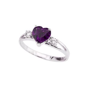 Amethyst & CZ Simple Heart Decorative Band Gemstone Ring in 9ct White Gold