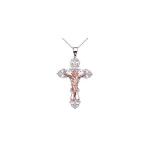 Decorative Crucifix Pendant Necklace in 9ct Two-Tone White Gold