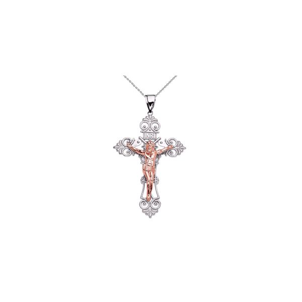 Decorative Crucifix Pendant Necklace in 9ct Two-Tone White Gold