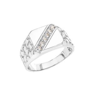 Men's CZ Embellished Watchband Signet Ring in 9ct White Gold