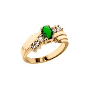 Emerald & Diamond Asymmetric Gemstone Ring in 9ct Gold