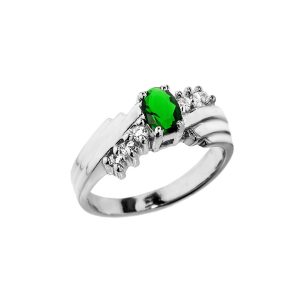 Emerald & Diamond Asymmetric Gemstone Ring in 9ct White Gold