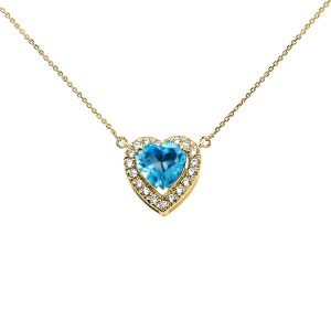 Blue CZ & Diamond Elegant Heart Gemstone Pendant Necklace in 9ct Gold