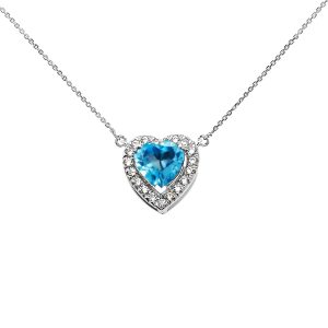 Blue CZ & Diamond Elegant Heart Gemstone Pendant Necklace in 9ct White Gold