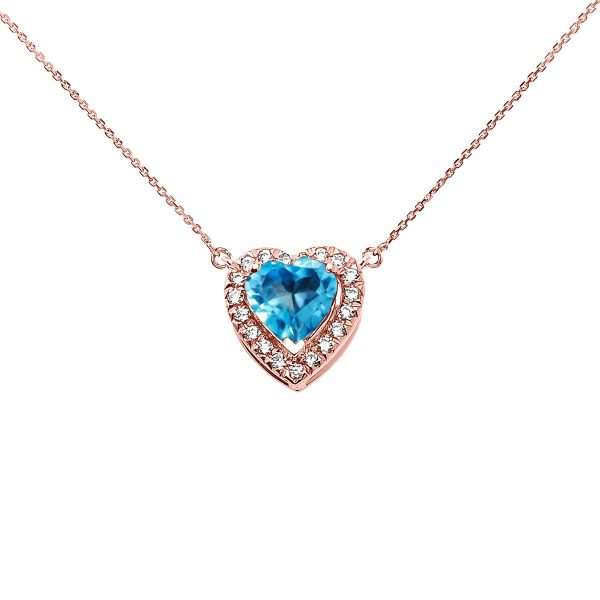 Blue CZ & Diamond Elegant Heart Gemstone Pendant Necklace in 9ct Rose Gold