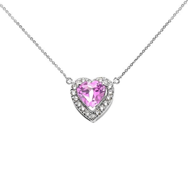 Pink CZ & Diamond Elegant Heart Gemstone Pendant Necklace in 9ct White Gold