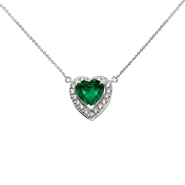 Green CZ & Diamond Elegant Heart Gemstone Pendant Necklace in 9ct White Gold