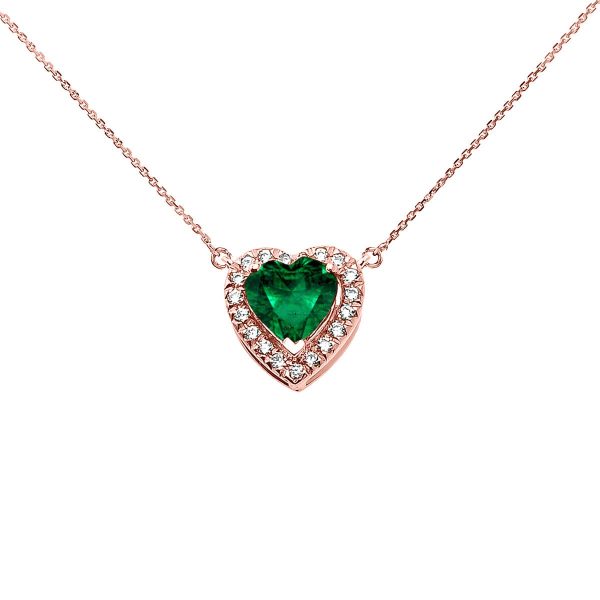 Green CZ & Diamond Elegant Heart Gemstone Pendant Necklace in 9ct Rose Gold