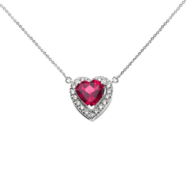 Red CZ & Diamond Elegant Heart Gemstone Pendant Necklace in 9ct White Gold