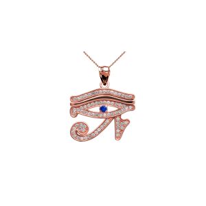 Sapphire & Diamond Eye of Horus Charm Pendant Necklace in 9ct Rose Gold