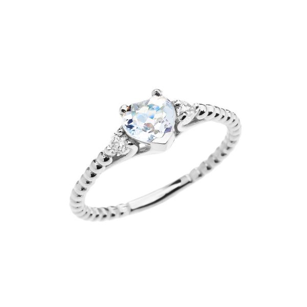 Aquamarine & White Topaz Heart Beaded Band Gemstone Ring in 9ct White Gold