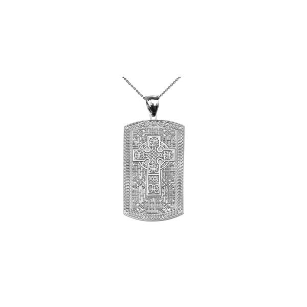 Men's Celtic Cross Trinity Knot Dog Tag Pendant Necklace in 9ct White Gold