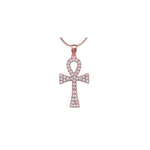 CZ Ankh Cross Pendant Necklace in 9ct Rose Gold