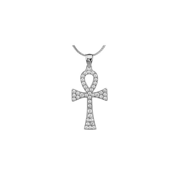 CZ Ankh Cross Pendant Necklace in 9ct White Gold