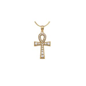 CZ Embellished Ankh Cross Pendant Necklace in 9ct Gold