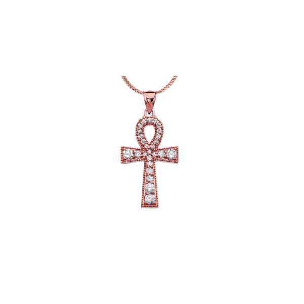 Diamond Embellished Ankh Cross Pendant Necklace in 9ct Rose Gold