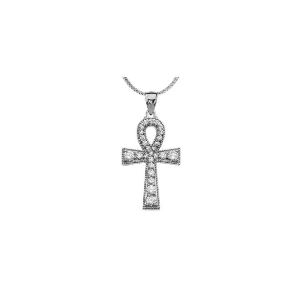 CZ Embellished Ankh Cross Pendant Necklace in 9ct White Gold