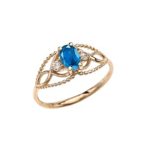 Blue Topaz & White Topaz Decorative Twisted Rope Gemstone Ring in 9ct Gold