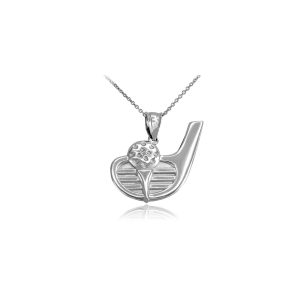 Men's Golf Club Charm Pendant Necklace in 9ct White Gold