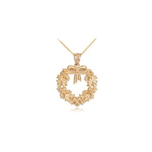 Bow Detail Christmas Wreath Pendant Necklace in 9ct Gold