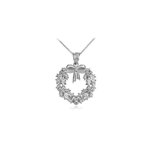 Bow Detail Christmas Wreath Pendant Necklace in Sterling Silver